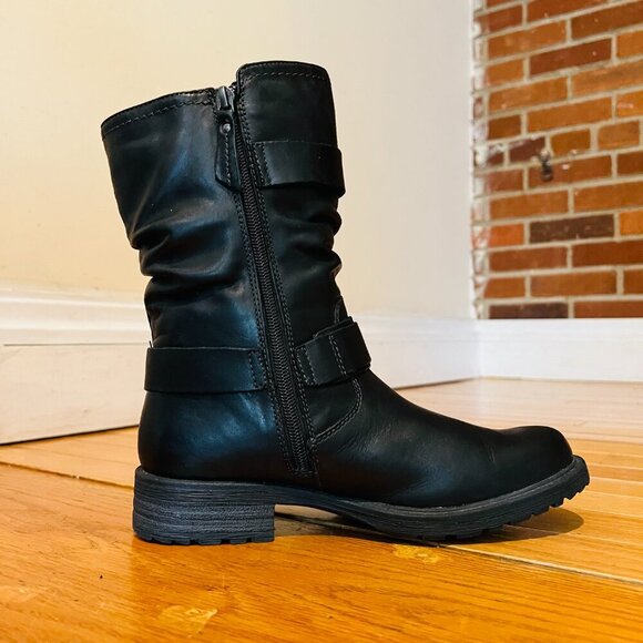 EARTH Women's Everwood Boots 7B Black Leather Mid-Calf Side Zipper Biker Moto - Picture 10 of 16